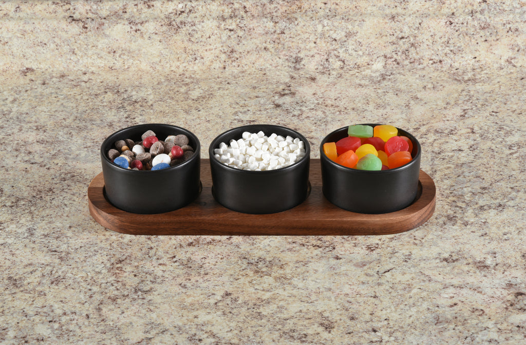 Black Ceramic Condiment Set on Acacia Wood Base | Set of 3 | Wood Lids | Dishwasher Safe | Kalmar Home