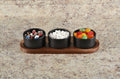 Black Ceramic Condiment Set on Acacia Wood Base | Set of 3 | Wood Lids | Dishwasher Safe | Kalmar Home