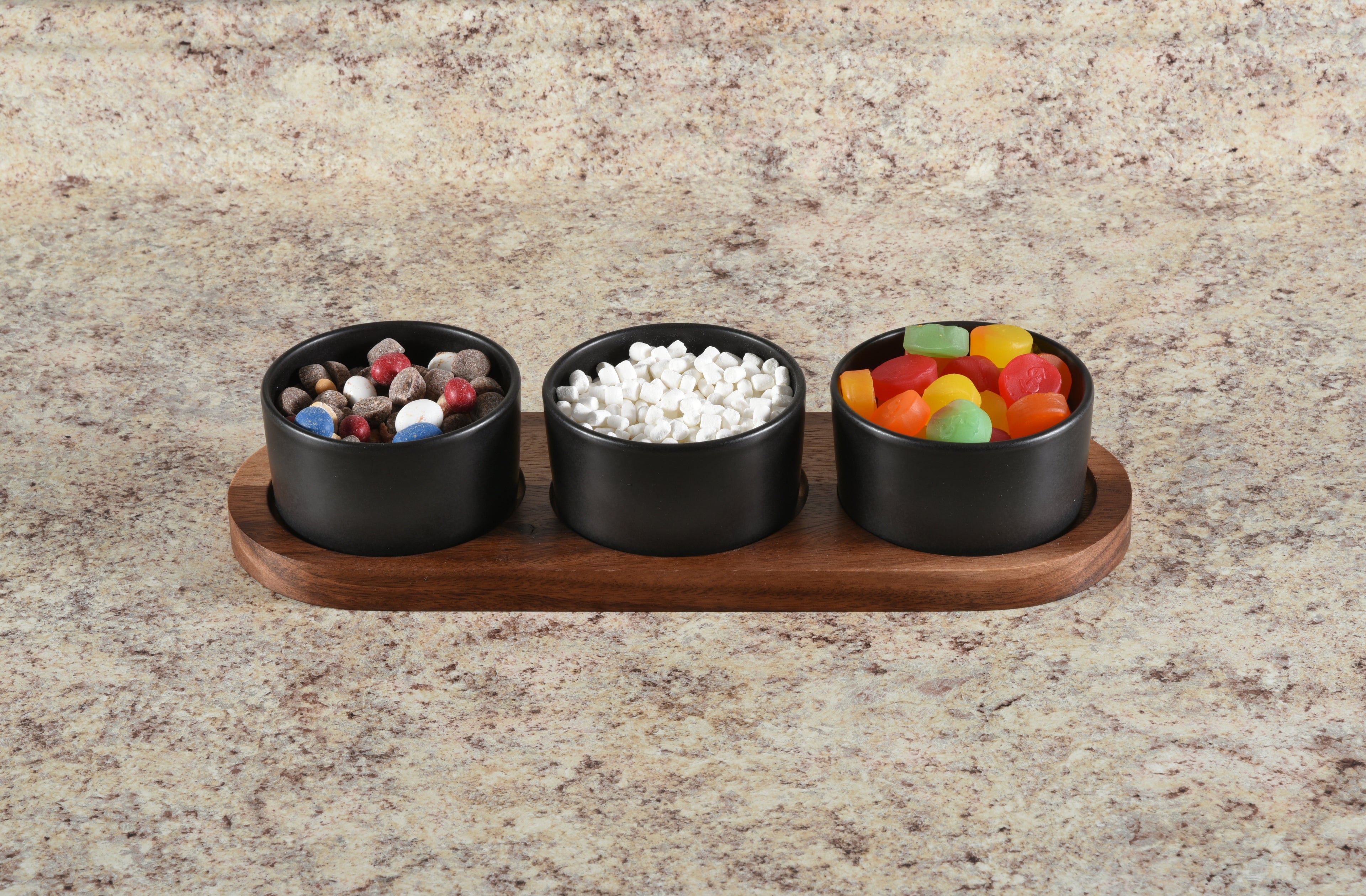 Black Ceramic Condiment Set on Acacia Wood Base | Set of 3 | Wood Lids | Dishwasher Safe | Kalmar Home