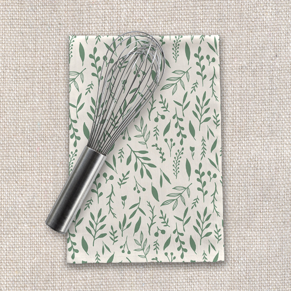 Green Falling Leaves Tea Towel | Artist-Designed | 18x30" | Cotton Twill | Lauren Ullrich Art