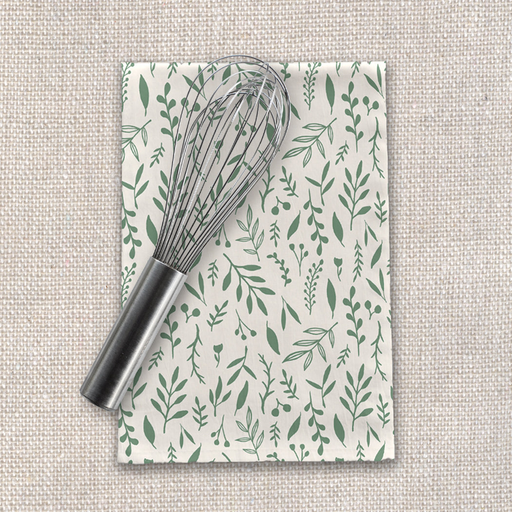 Green Falling Leaves Tea Towel | Artist-Designed | 18x30" | Cotton Twill | Lauren Ullrich Art