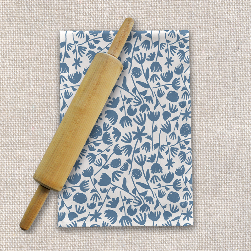 Light Blue Ink Floral Tea Towel | Lauren Ullrich Art | 18x30" Cotton Twill