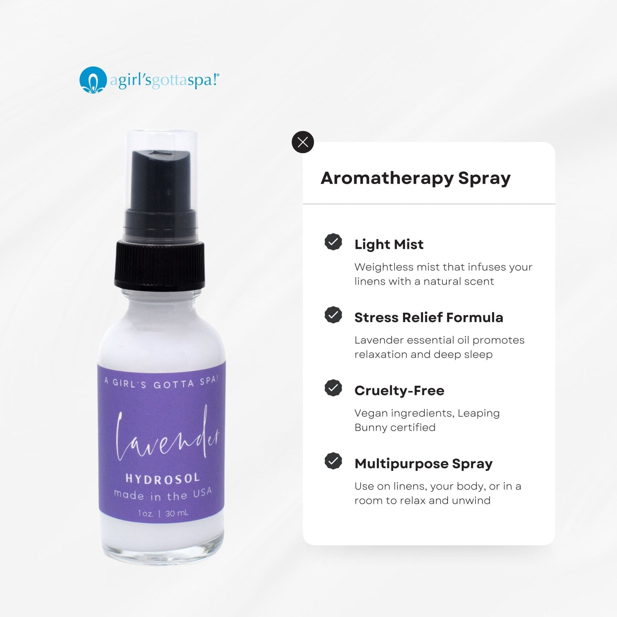 Lavender Hydrosol Pillow & Linen Mist | Stress Relief & Sleep Spray | All Natural | Vegan & Cruelty-Free | A Girl's Gotta Spa!