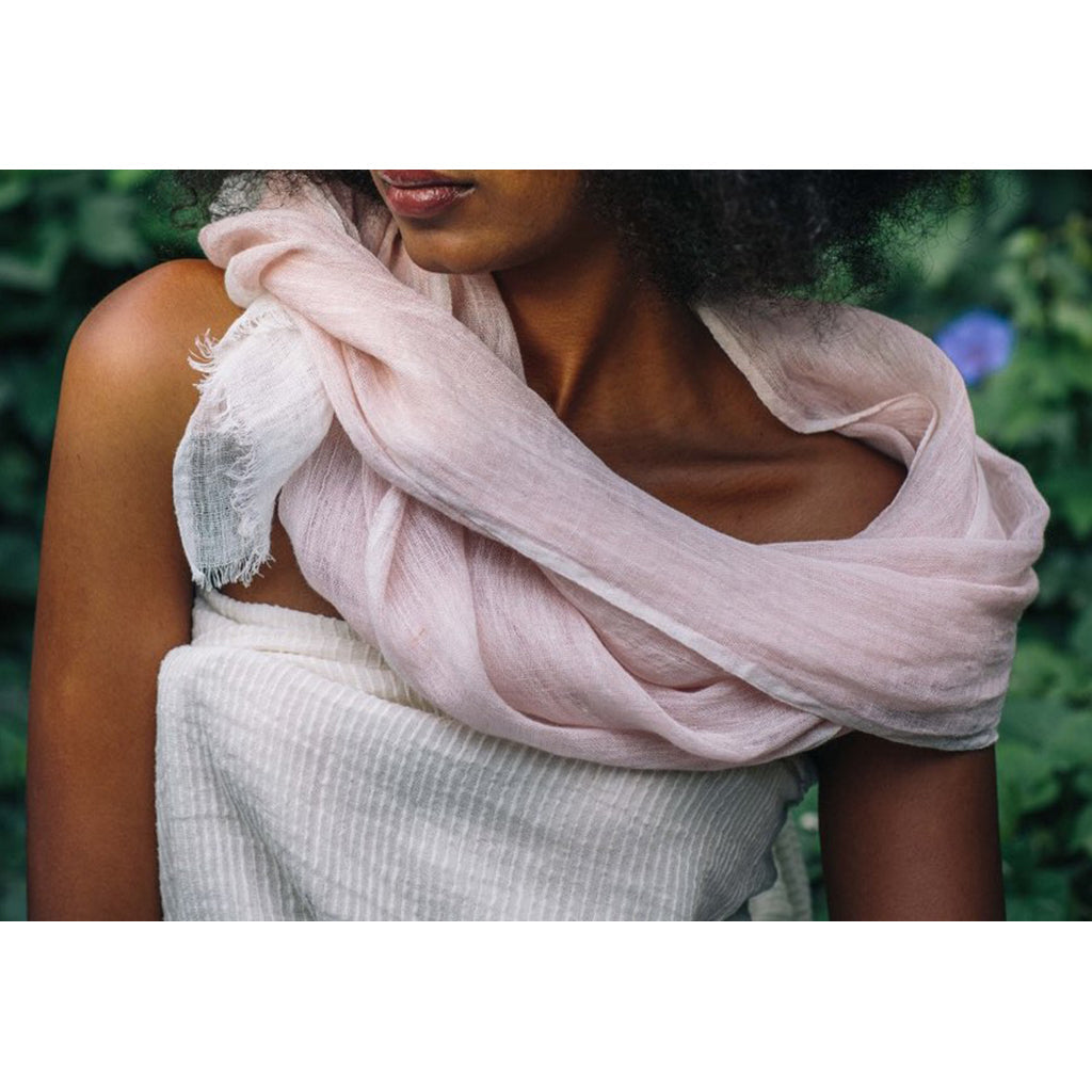 Handwoven 100% Linen Scarf | Eyelash Fringe | Handmade in Ethiopia | 79" x 17" | French Gray, Aqua, Flax & Blush | Slate + Salt