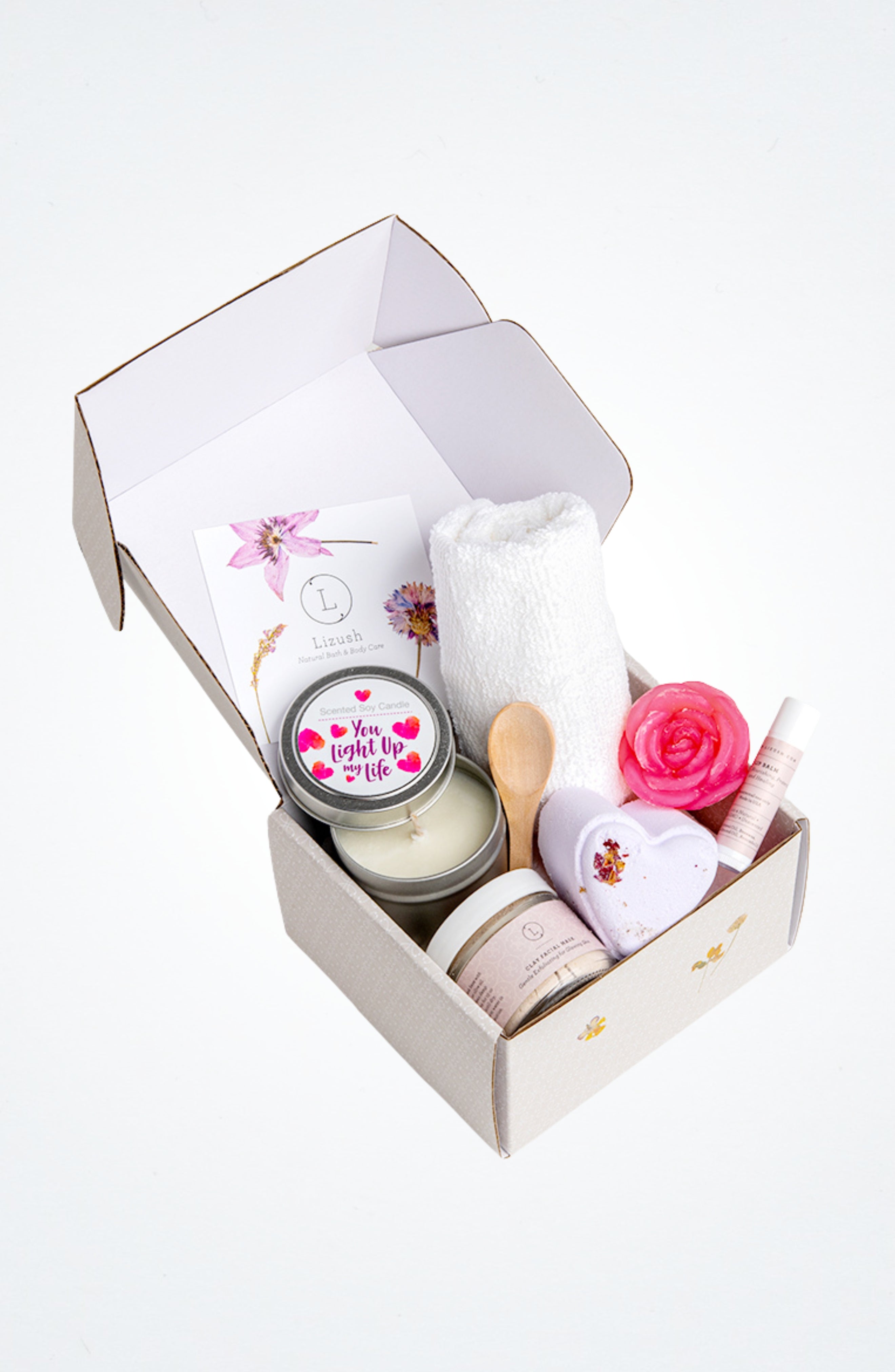 LOVE Special Gift Box | 7-Piece Natural Lavender Spa Set | Clay Mask, Candle, Flower Soap & More | Personalized | Lizush