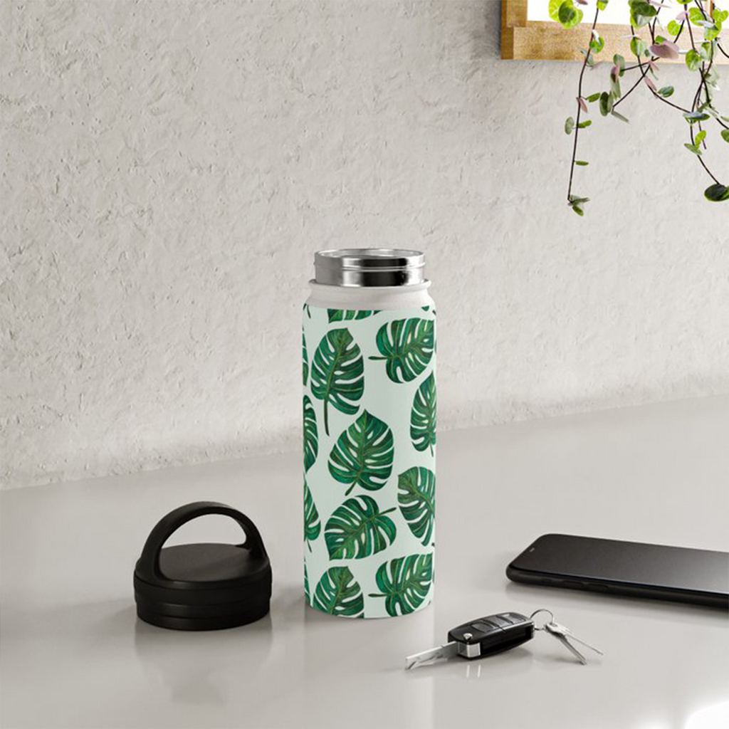 Monstera Botanical Watercolor Handle Lid Water Bottle