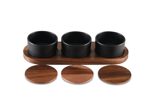 Black Ceramic Condiment Set on Acacia Wood Base | Set of 3 | Wood Lids | Dishwasher Safe | Kalmar Home