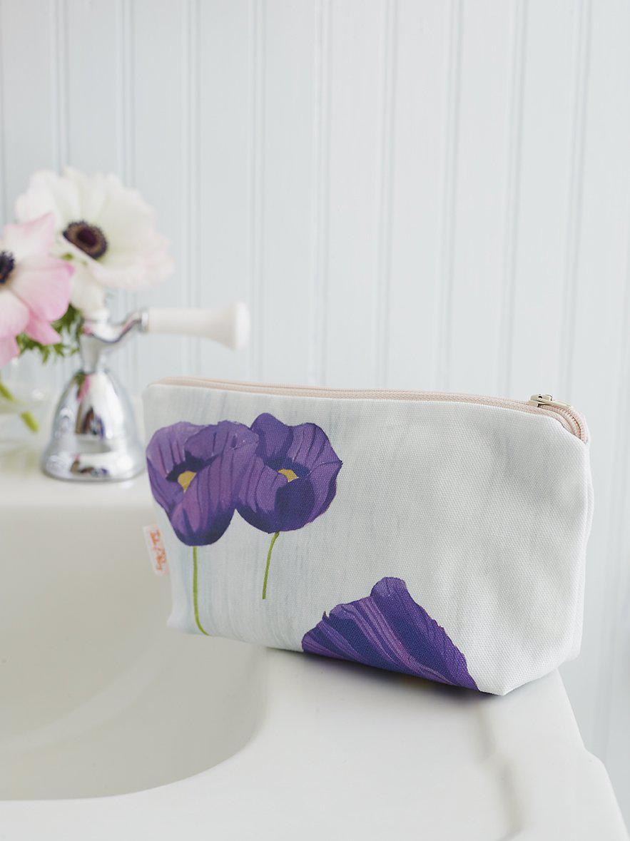 Makeup Bag | Purple Poppies on Snow | Cotton Canvas & Waterproof Lining | India & Purry