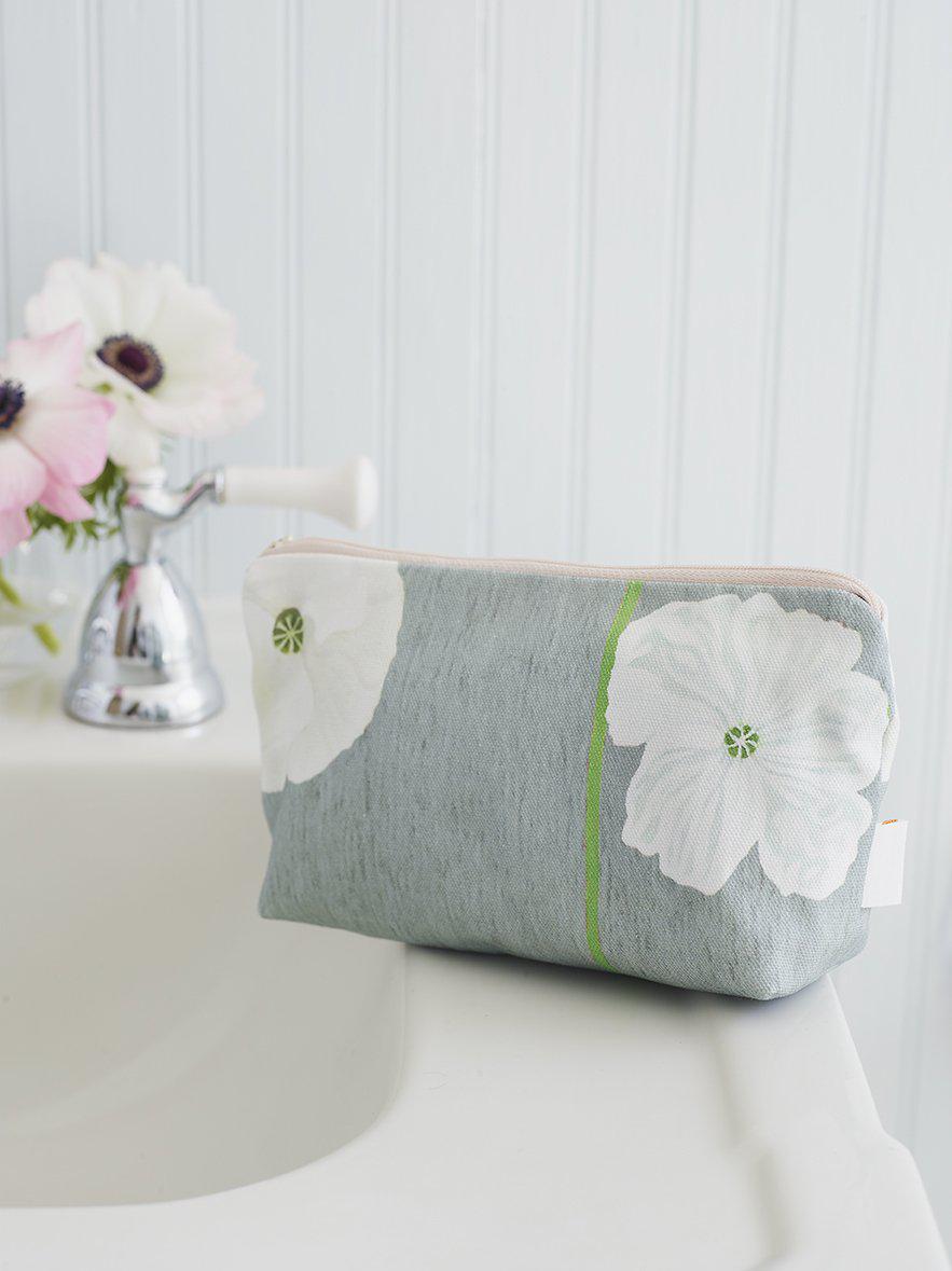 Makeup Bag | White Poppies on Grey | Cotton Canvas & Waterproof Lining | India & Purry