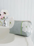 Makeup Bag | White Poppies on Grey | Cotton Canvas & Waterproof Lining | India & Purry