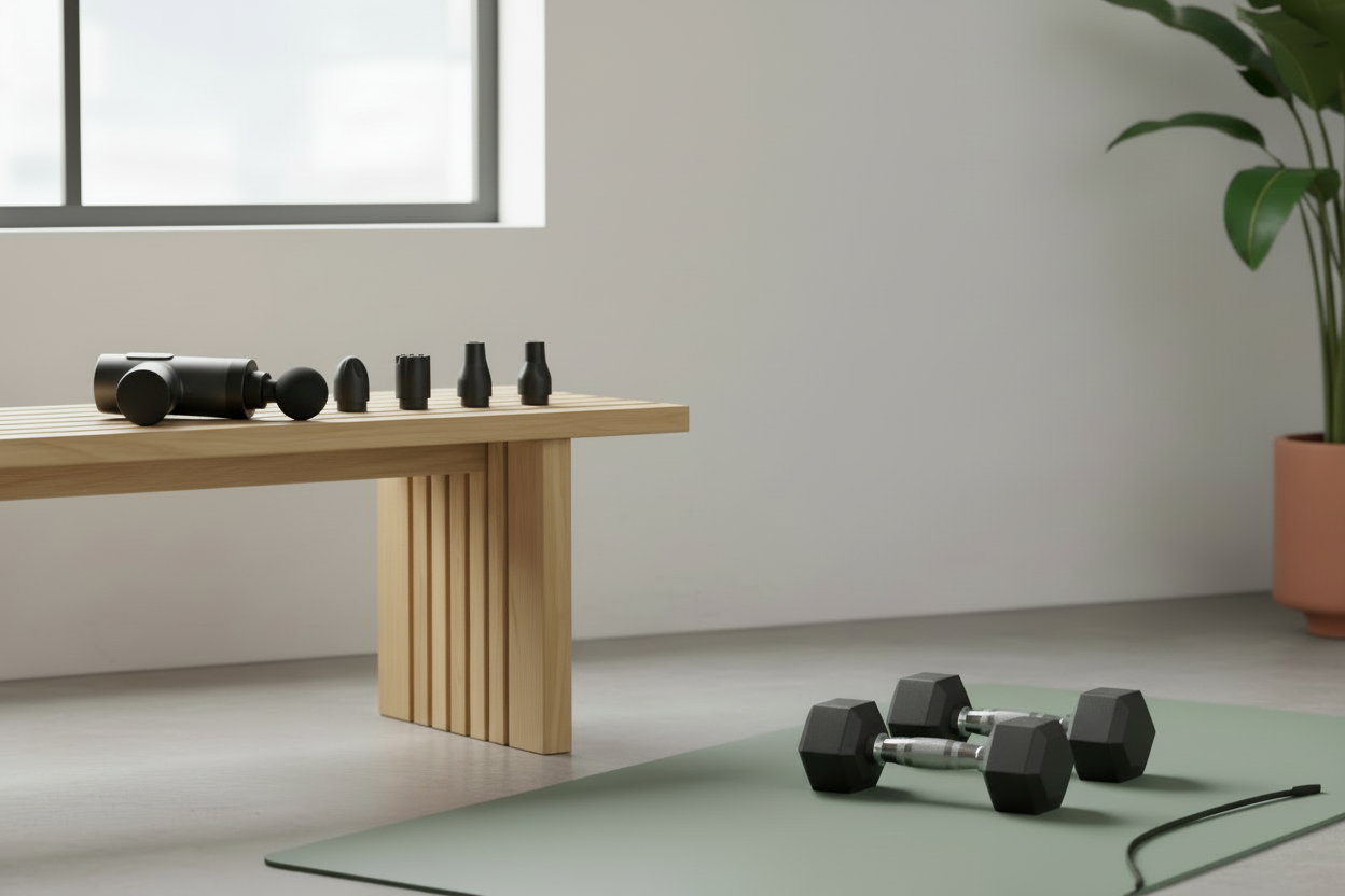 Massage Gun Close-Up with Background Mat and Weights