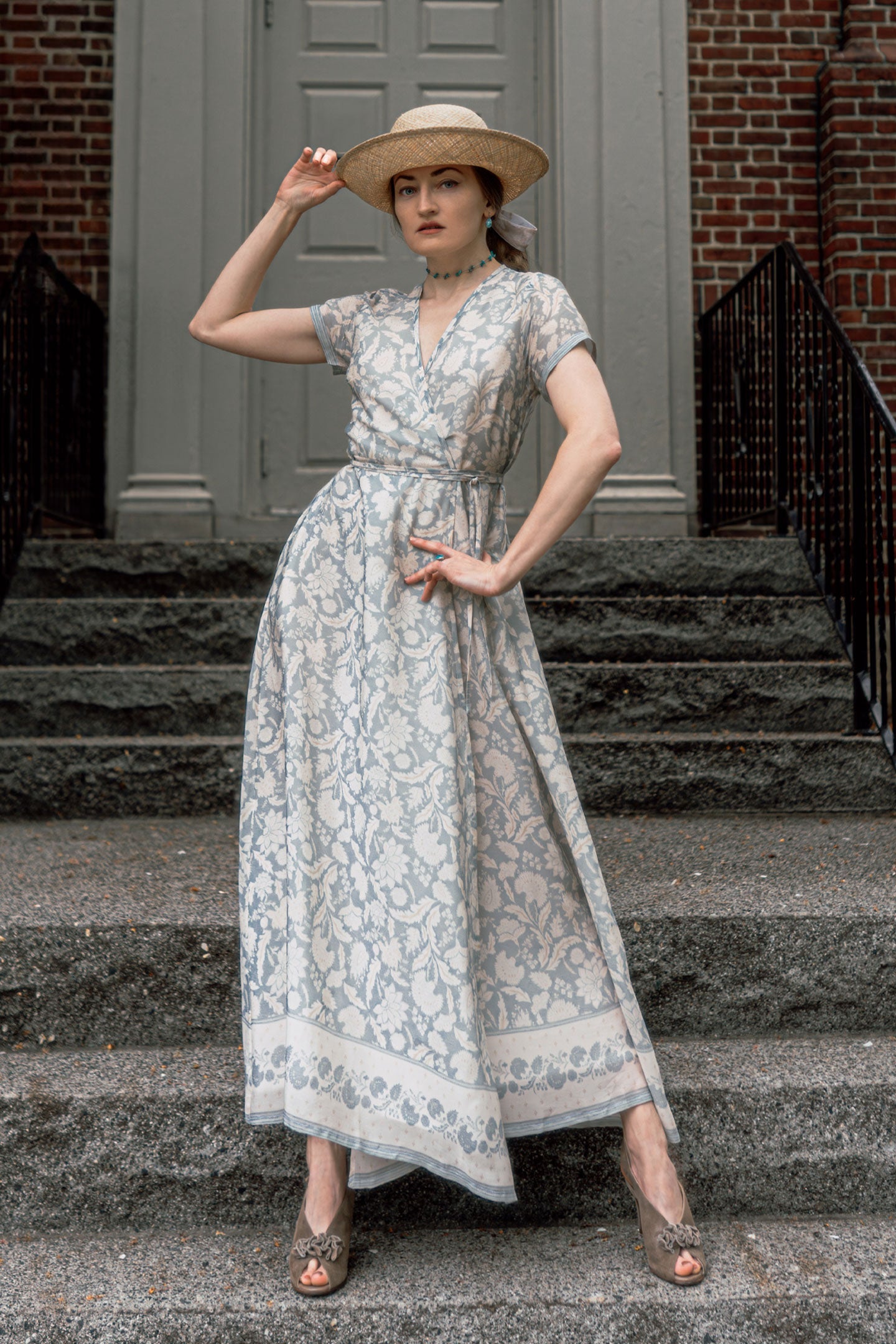 Maxi Wrap Dress in Blue Florals | 100% Bemberg™ Crepe | Vintage Bouquet Blue | Wrap Tie | Pockets | XS–3XL | Reistor
