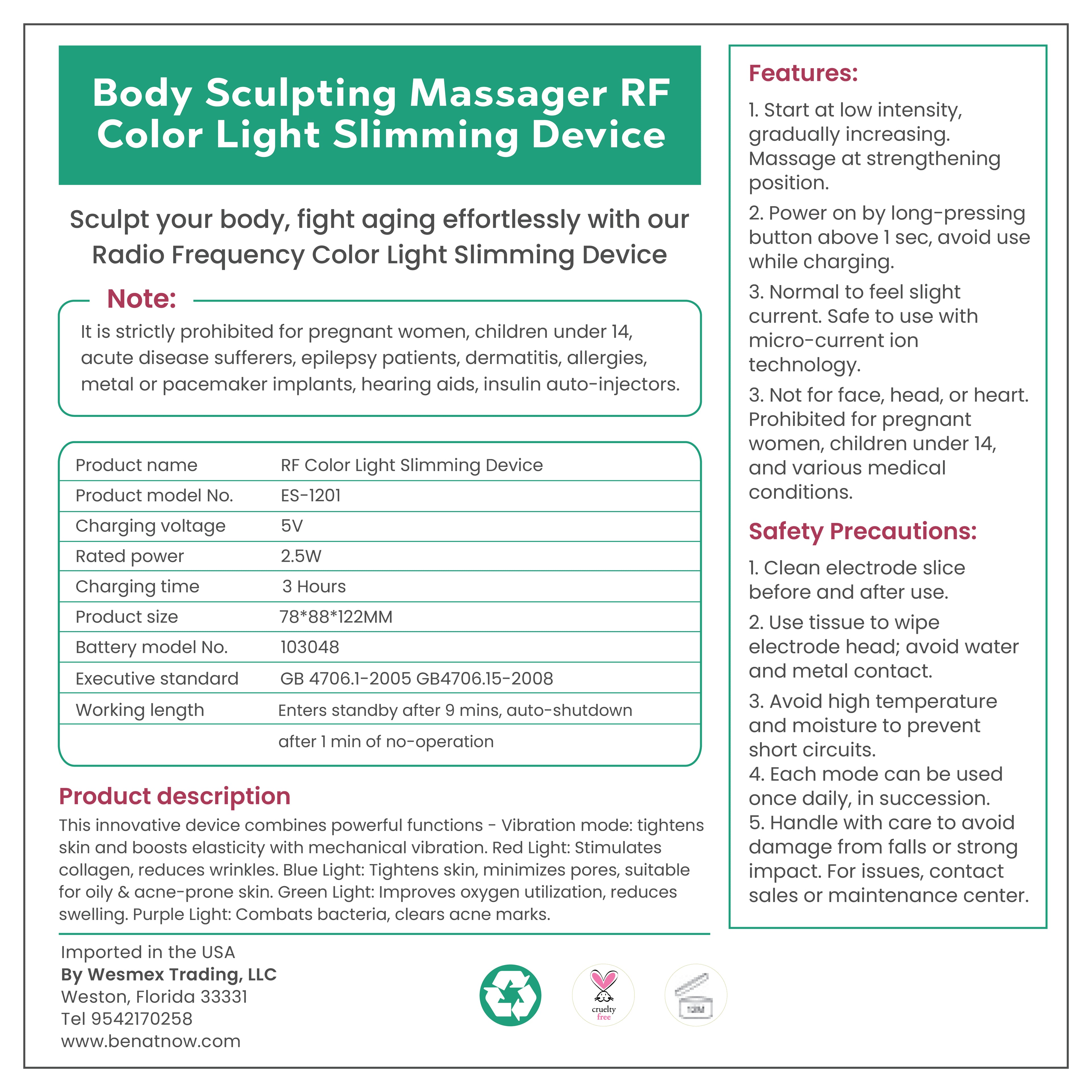 Advanced Body Contouring Device | Microcurrent EMS, Radio Frequency & Red Light | Sculpting, Toning & Skin Tightening | BeNat