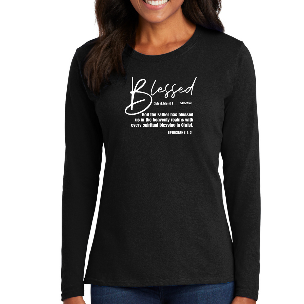 Womens Long Sleeve Graphic T-shirt - Blessed in Christ