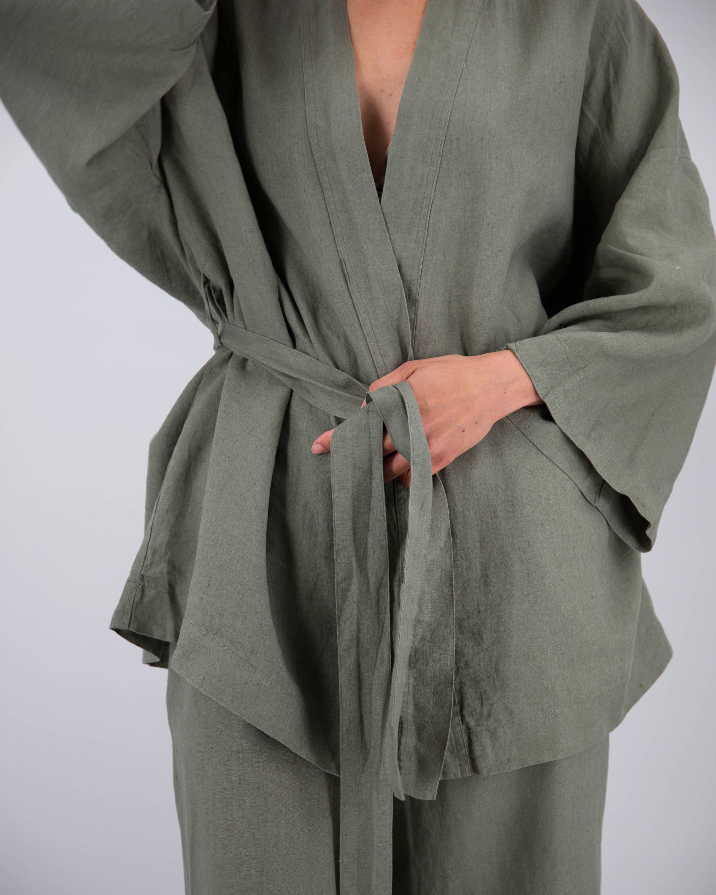 French Linen Kimono Sleepwear Set | Stone-Washed | Wide-Leg Pants | S/M & M/L | 10 Colors