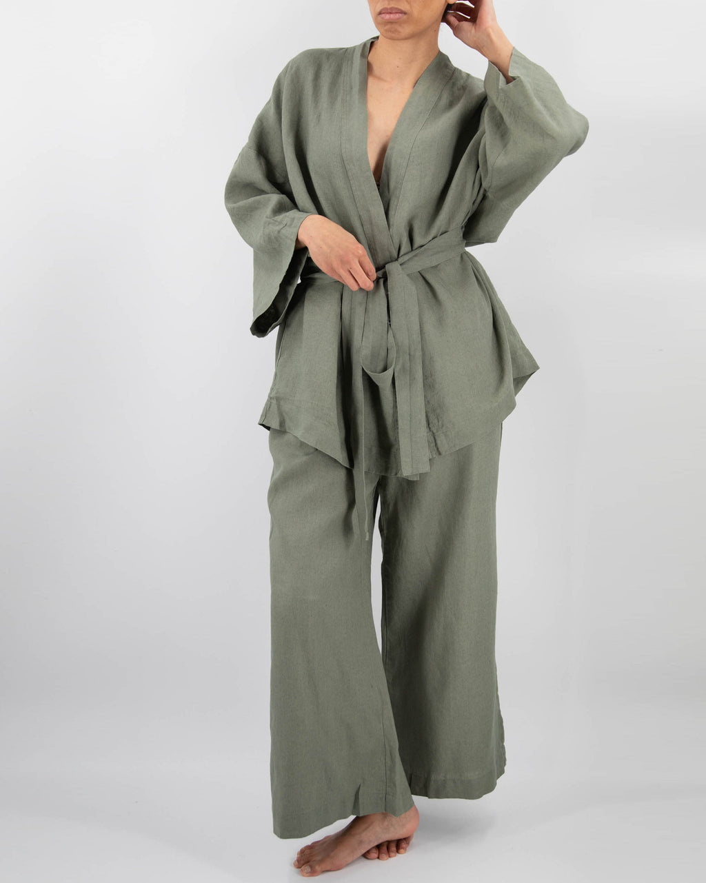 French Linen Kimono Sleepwear Set | Stone-Washed | Wide-Leg Pants | S/M & M/L | 10 Colors