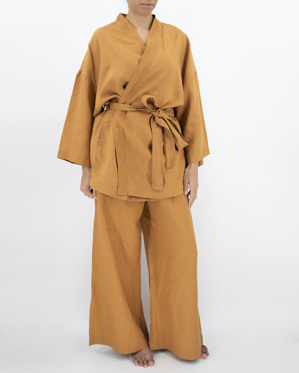 French Linen Kimono Sleepwear Set | Stone-Washed | Wide-Leg Pants | S/M & M/L | 10 Colors