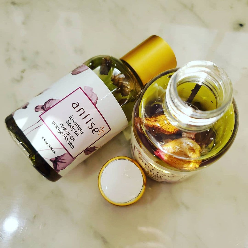 Botanical Rose Petal Body Oil | Paraben-Free | Grapeseed, Argan, Macadamia & Hemp Seed Oil | Real Rose Buds | 5 Scents | 4 fl oz | Aniise