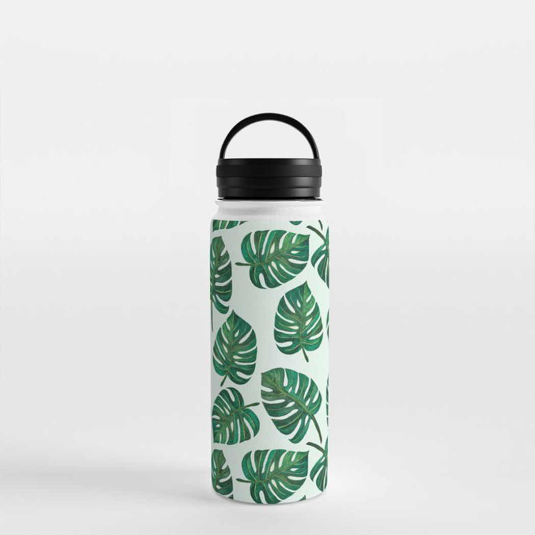 Monstera Botanical Watercolor Handle Lid Water Bottle