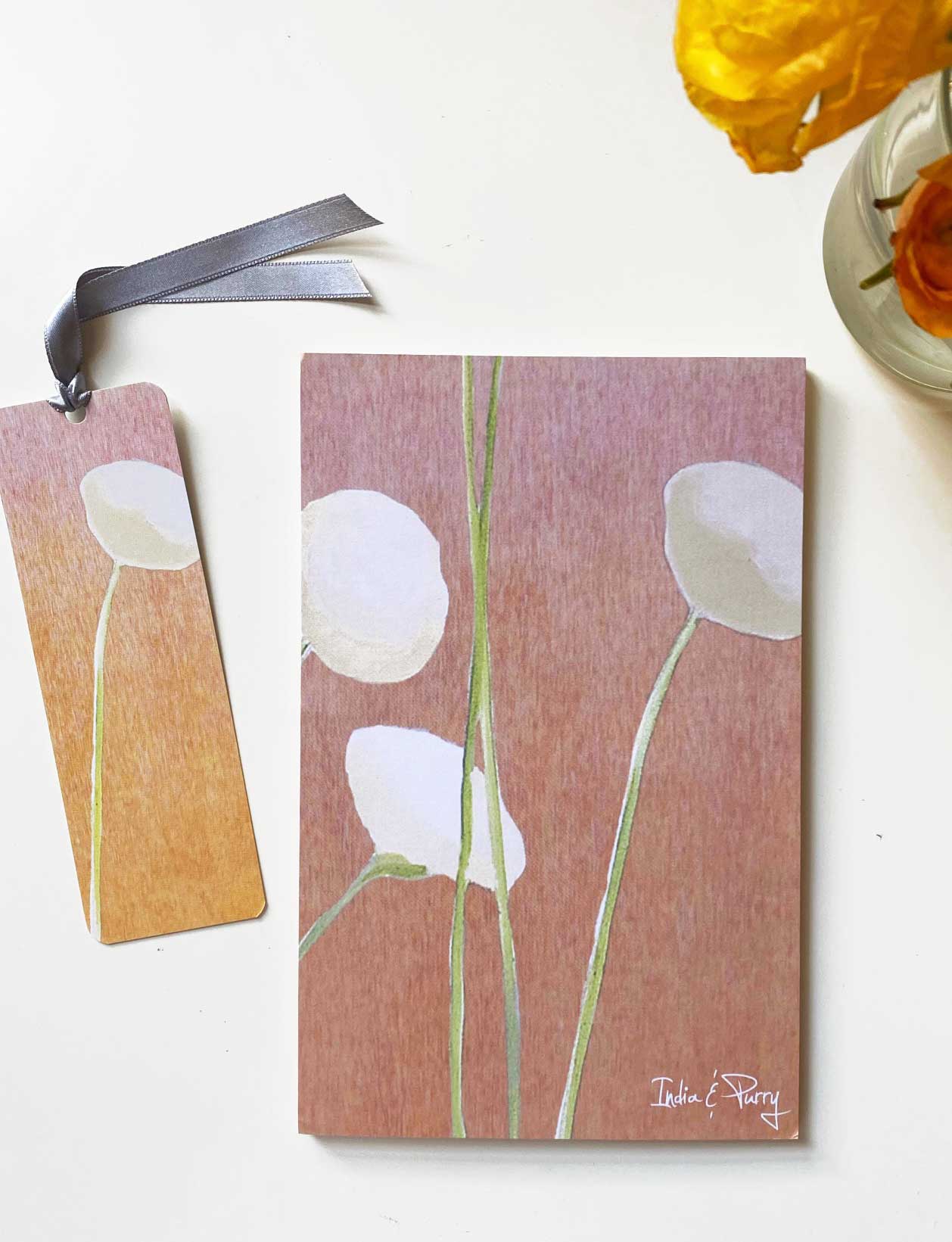 Notepad & Bookmark Set | Cream Flowers on Orange | 50-Sheet Notepad with Matching Bookmark & Satin Ribbon | India & Purry