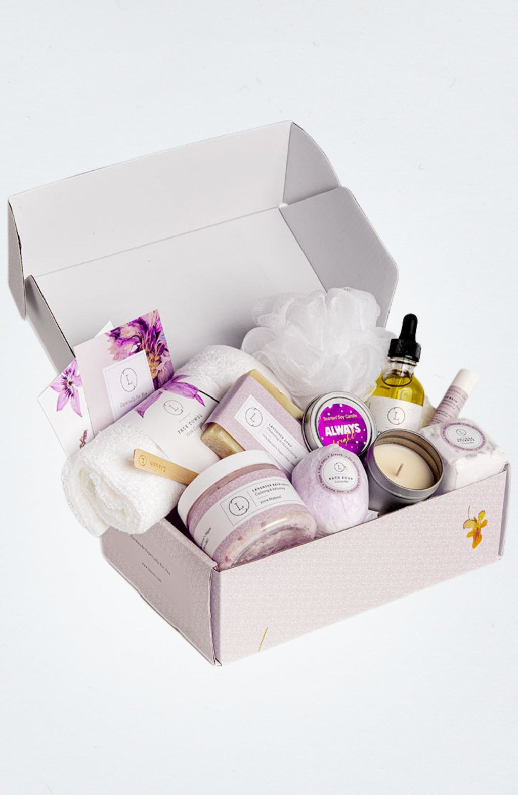 Lavender Spa Gift Box | 10-Piece All Natural Bath & Body Set | Shower Steamer, Bath Bomb, Soy Candle & More | Lizush
