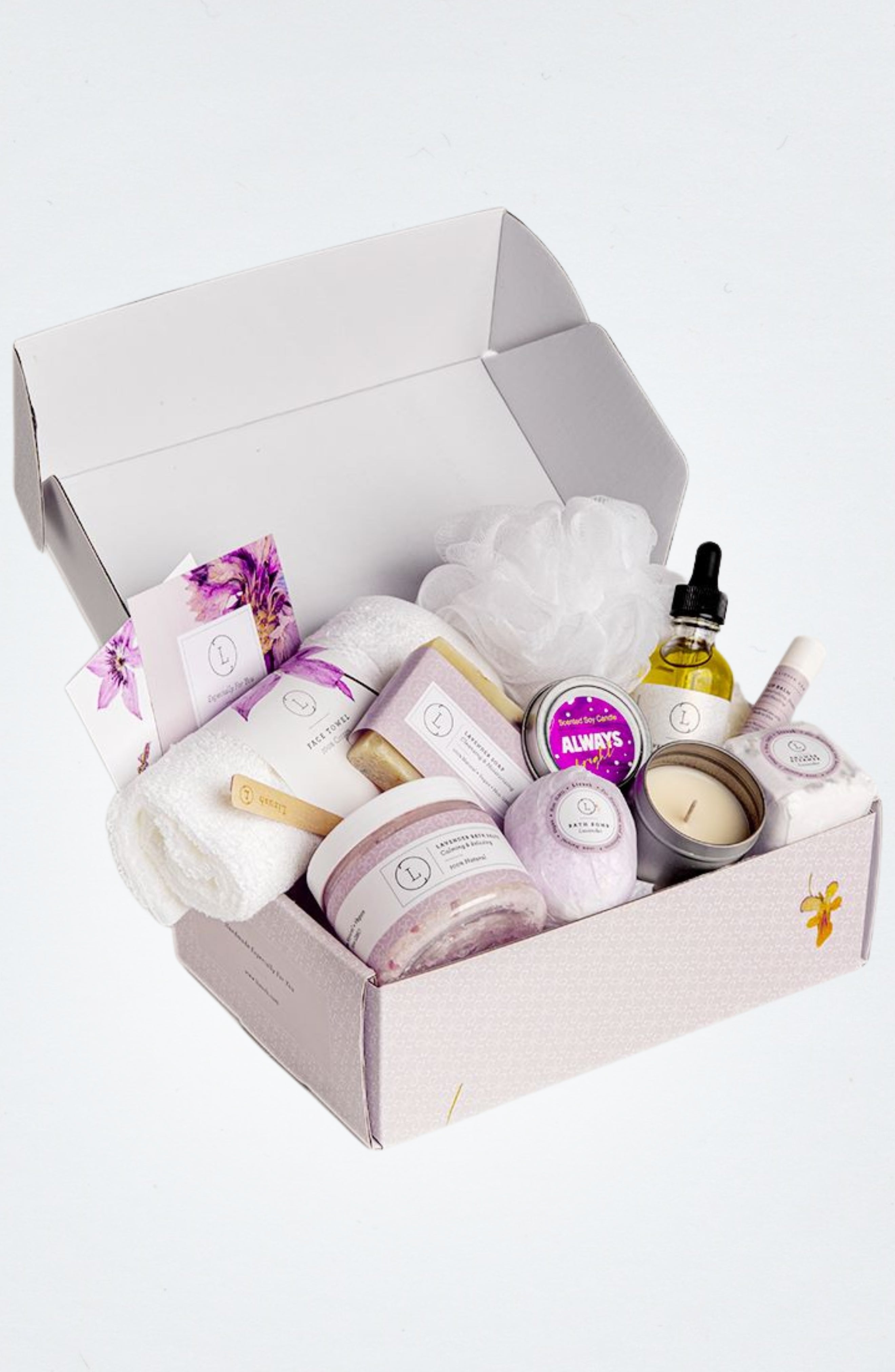 Lavender Spa Gift Box | 10-Piece All Natural Bath & Body Set | Shower Steamer, Bath Bomb, Soy Candle & More | Lizush