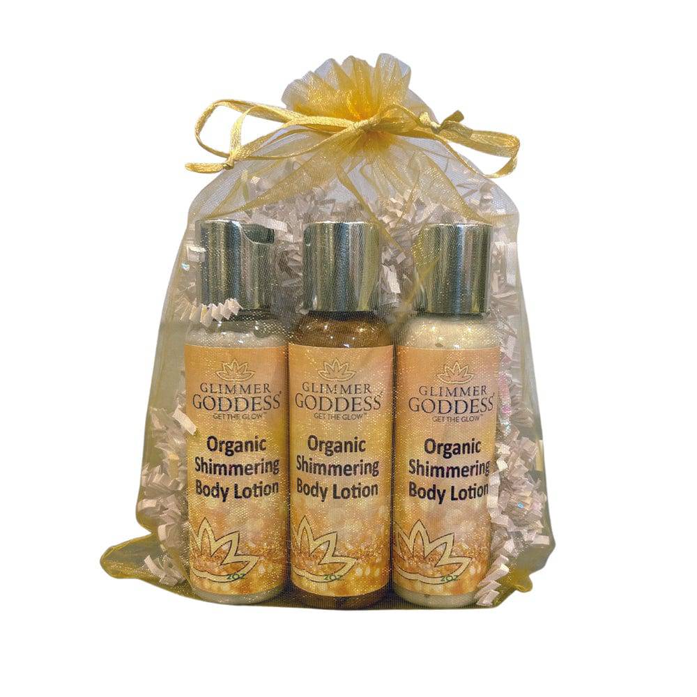 Organic Shimmer Body Lotion Travel Gift Set | Bronze, Gold & Diamond | Shea & Aloe | Glimmer Goddess