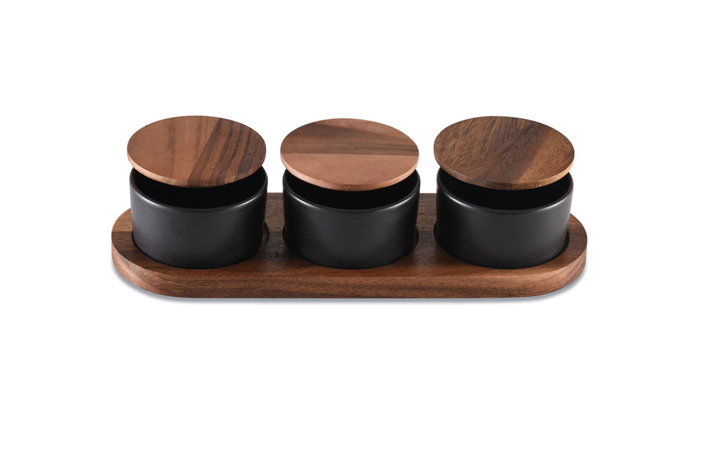 Black Ceramic Condiment Set on Acacia Wood Base | Set of 3 | Wood Lids | Dishwasher Safe | Kalmar Home