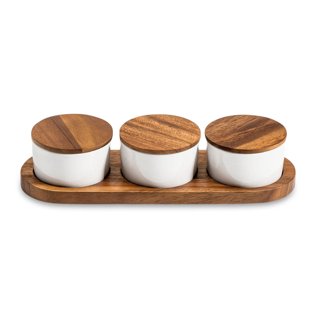Acacia Wood Condiment Serving Set | 3 Ceramic Bowls with Lids | Charcuterie Board