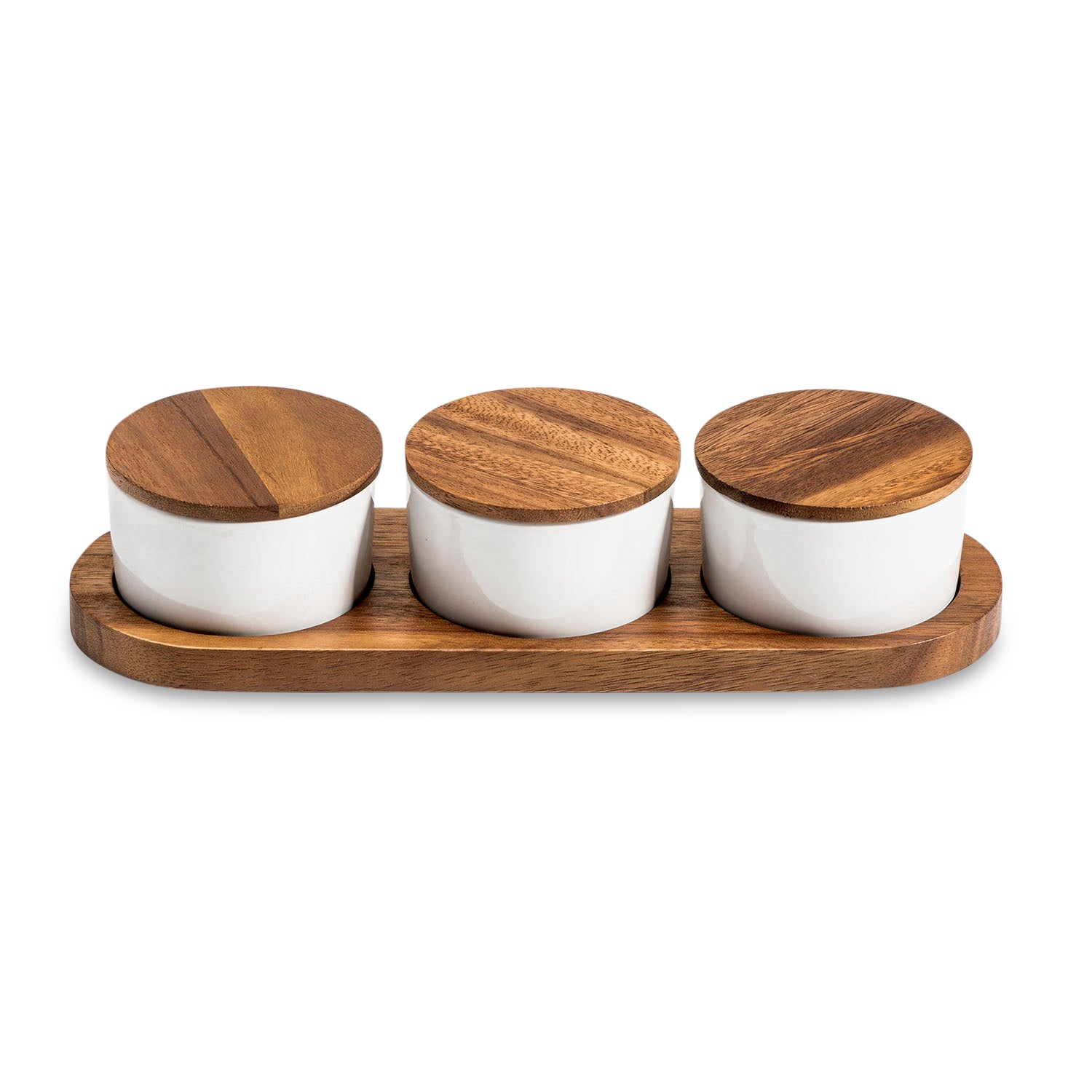 Acacia Wood Condiment Serving Set | 3 Ceramic Bowls with Lids | Charcuterie Board