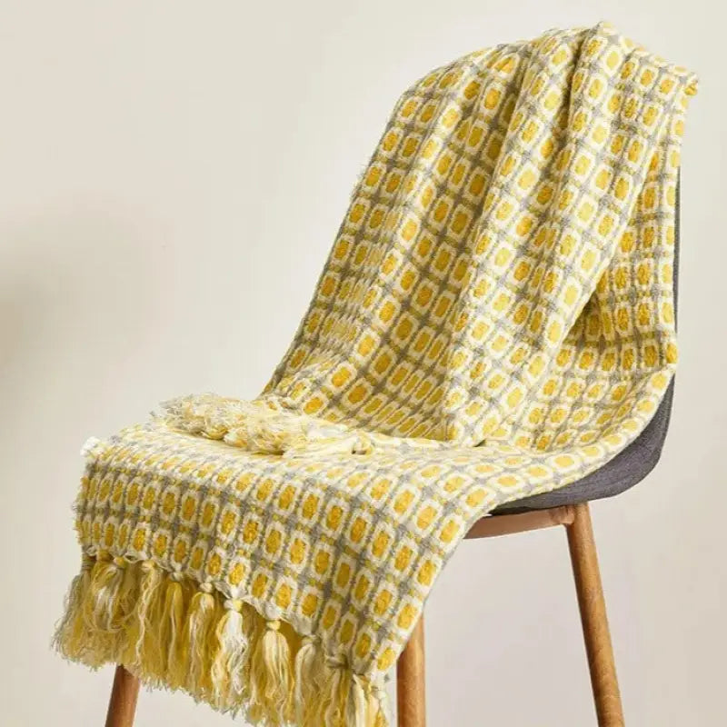 Yellow Houndstooth Knitted Throw Blanket — Pastoral Bohemian Style