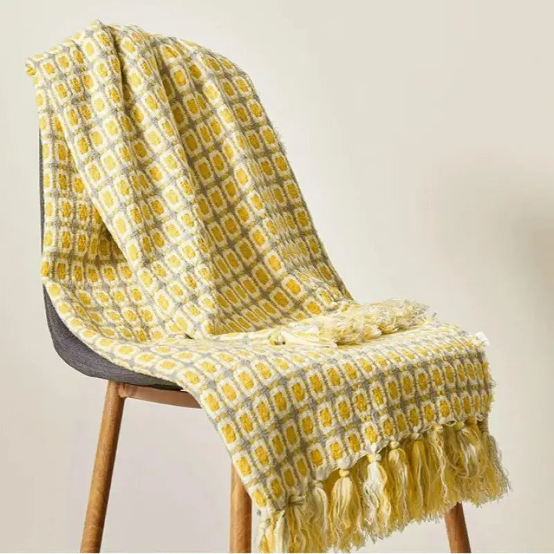 Yellow Houndstooth Knitted Throw Blanket — Pastoral Bohemian Style