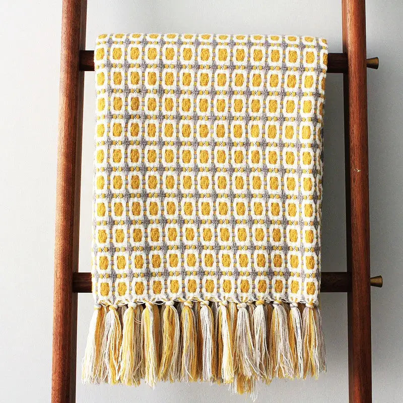 Yellow Houndstooth Knitted Throw Blanket — Pastoral Bohemian Style