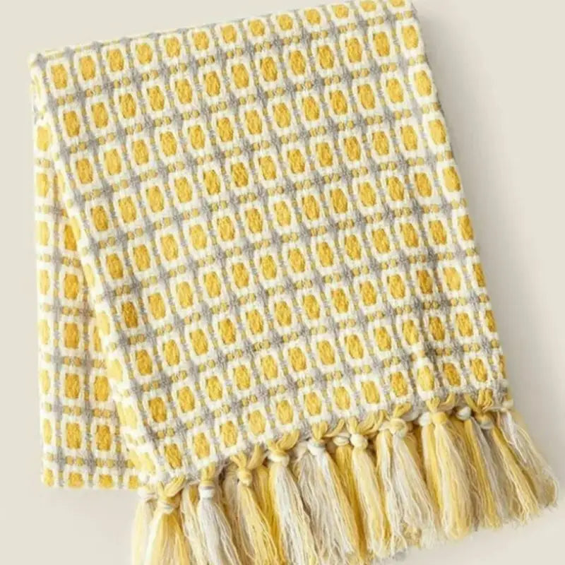 Yellow Houndstooth Knitted Throw Blanket — Pastoral Bohemian Style
