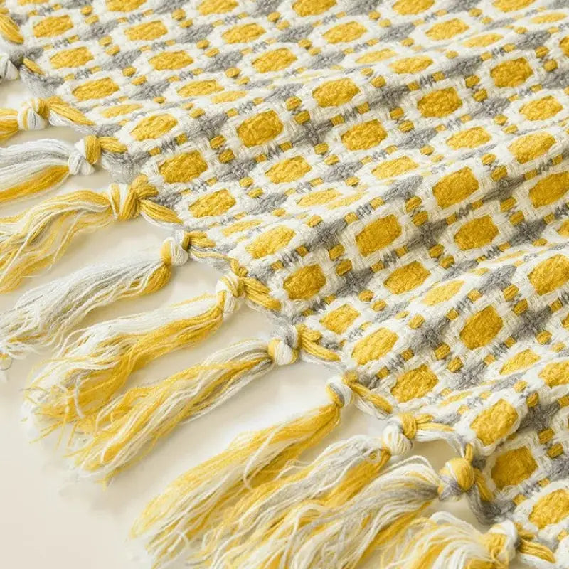 Yellow Houndstooth Knitted Throw Blanket — Pastoral Bohemian Style