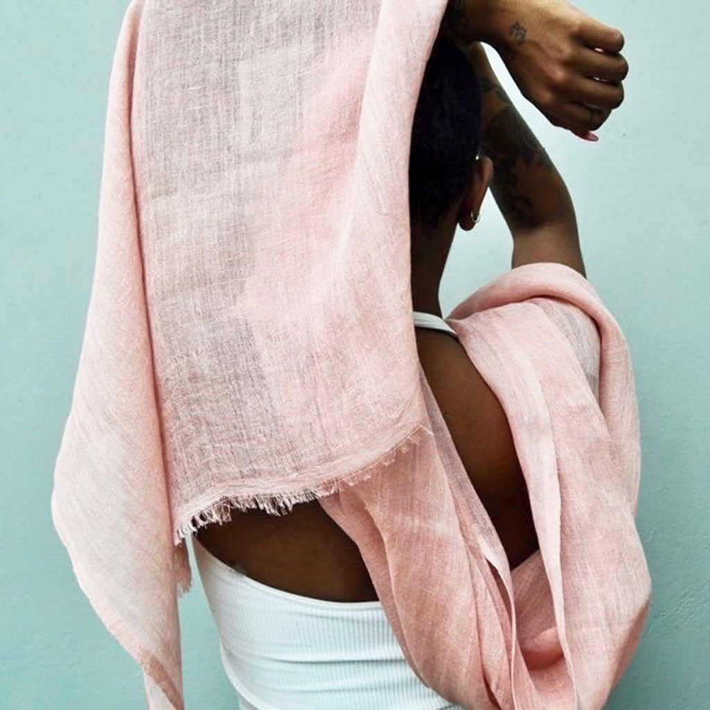 Handwoven 100% Linen Scarf | Raw Eyelash Fringe | Handmade in Ethiopia | 79" x 17" | Ink, Steel Gray, Flax, Rose & Bronze | Slate + Salt