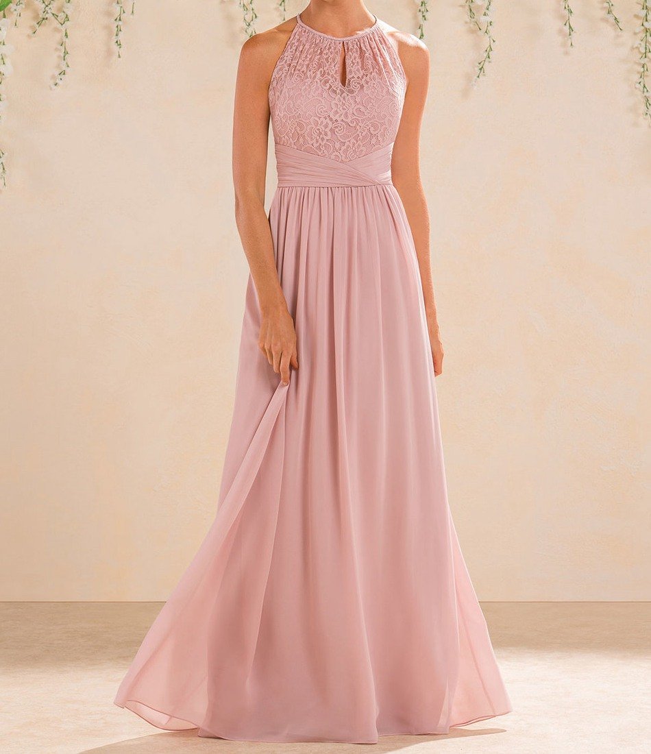 Simple Elegant Pink Halter Bridesmaid Dresses Illusion Lace Long