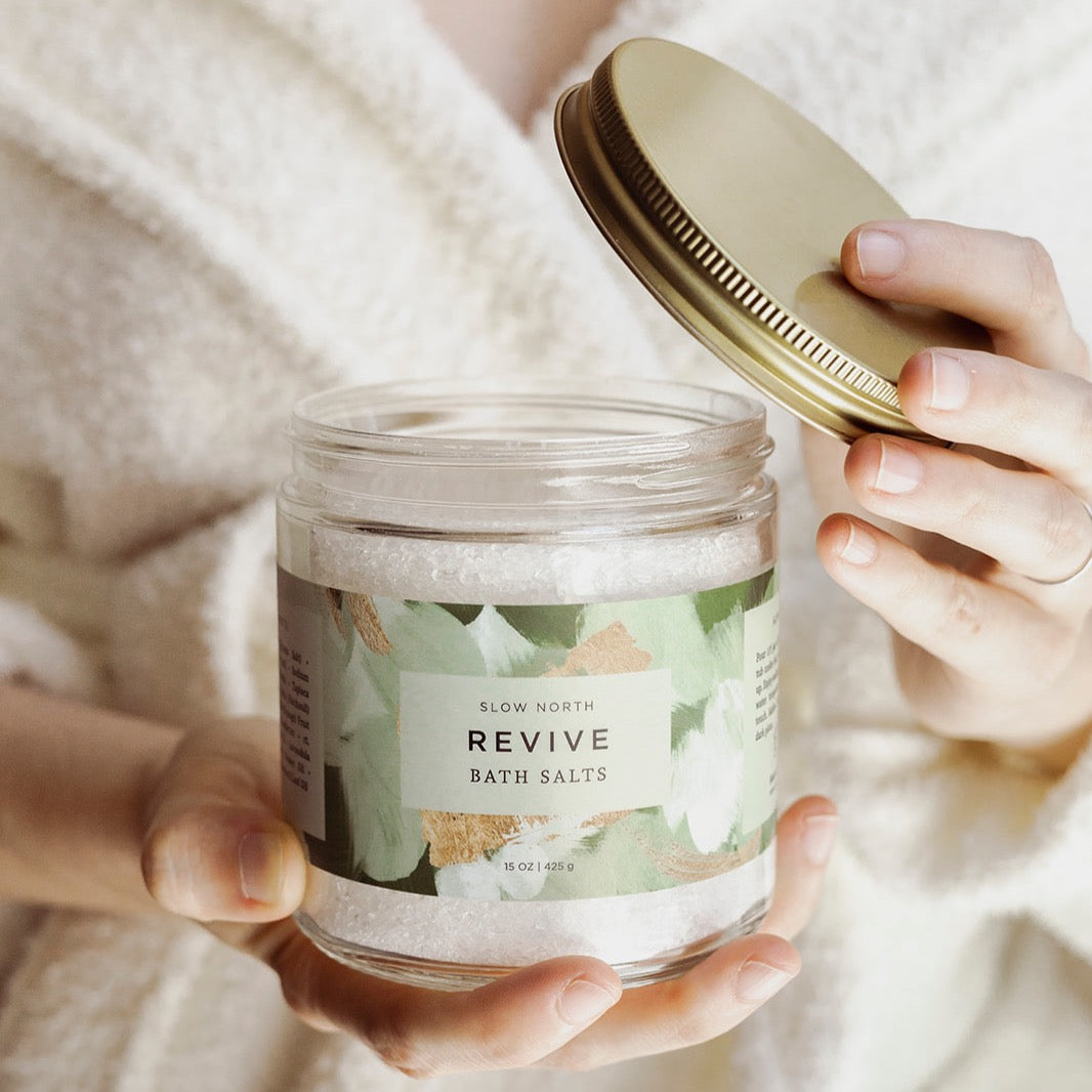 Revive Bath Salts | Lavender, Orange, Patchouli & Peppermint Essential Oils | Epsom & Sea Salt | 15 oz Glass Jar | Slow North