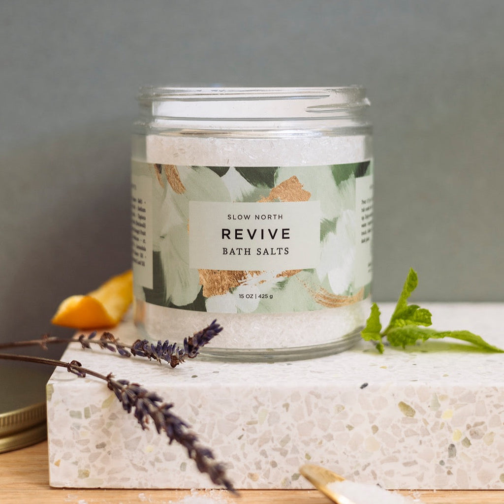 Revive Bath Salts | Lavender, Orange, Patchouli & Peppermint Essential Oils | Epsom & Sea Salt | 15 oz Glass Jar | Slow North
