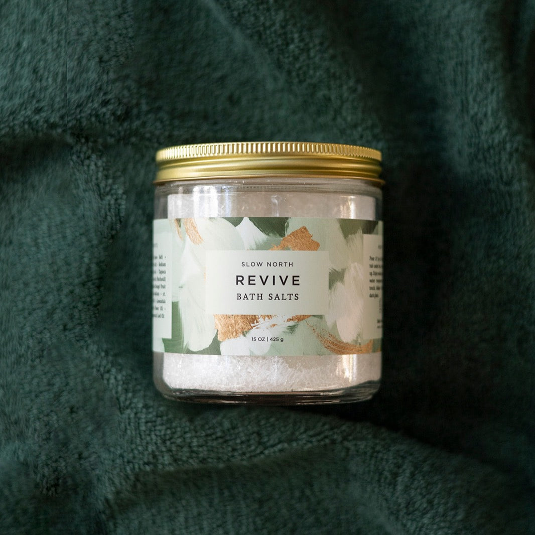 Revive Bath Salts | Lavender, Orange, Patchouli & Peppermint Essential Oils | Epsom & Sea Salt | 15 oz Glass Jar | Slow North