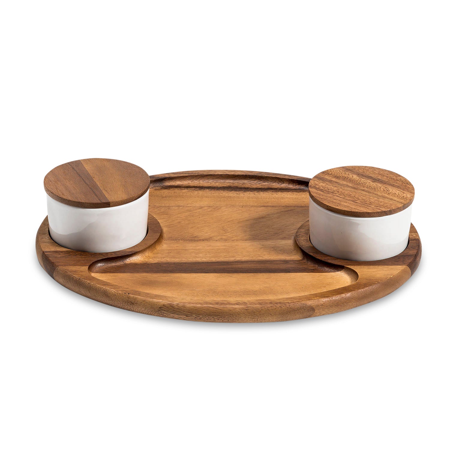 Acacia Wood Charcuterie Board with 2 Lidded Ceramic Dishes | 15" x 12" | Kalmar Home