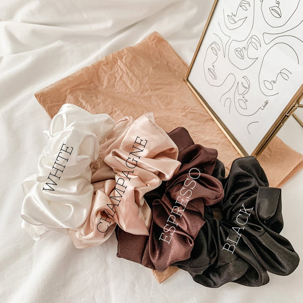 Satin Sweetheart Scrunchies | Large Super-Soft Satin | 4 Colors | Hair & Wrist | Namaste Jewelry