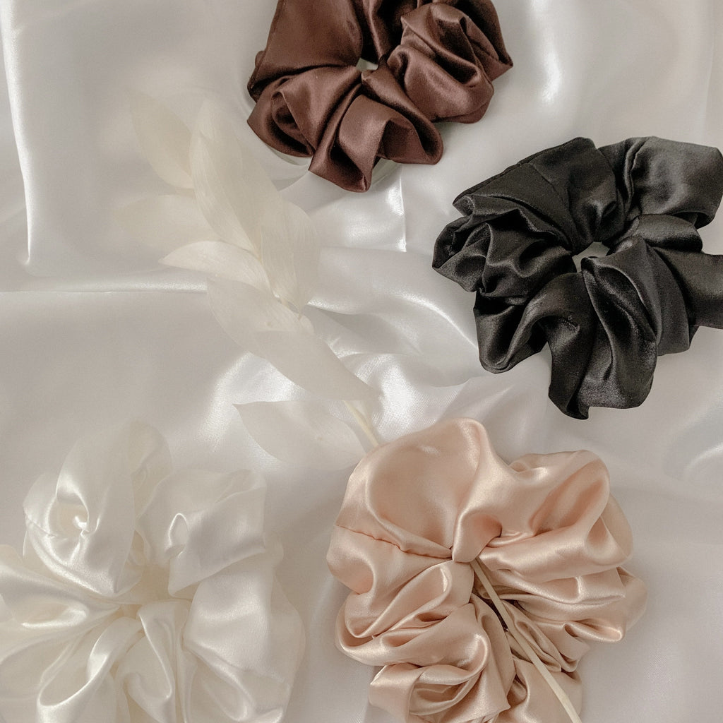 Satin Sweetheart Scrunchies | Large Super-Soft Satin | 4 Colors | Hair & Wrist | Namaste Jewelry