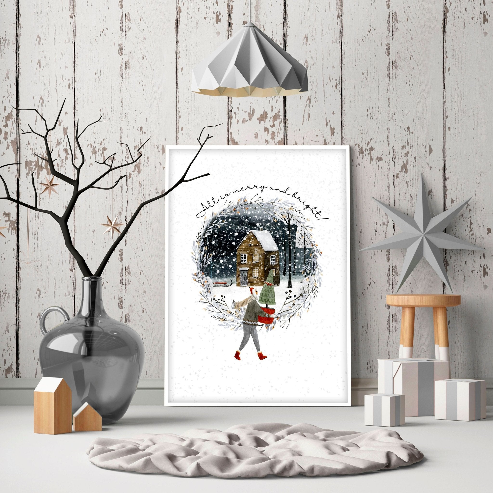 Scandinavian Christmas Village Wall Art Print — Snowy Winter Illustration