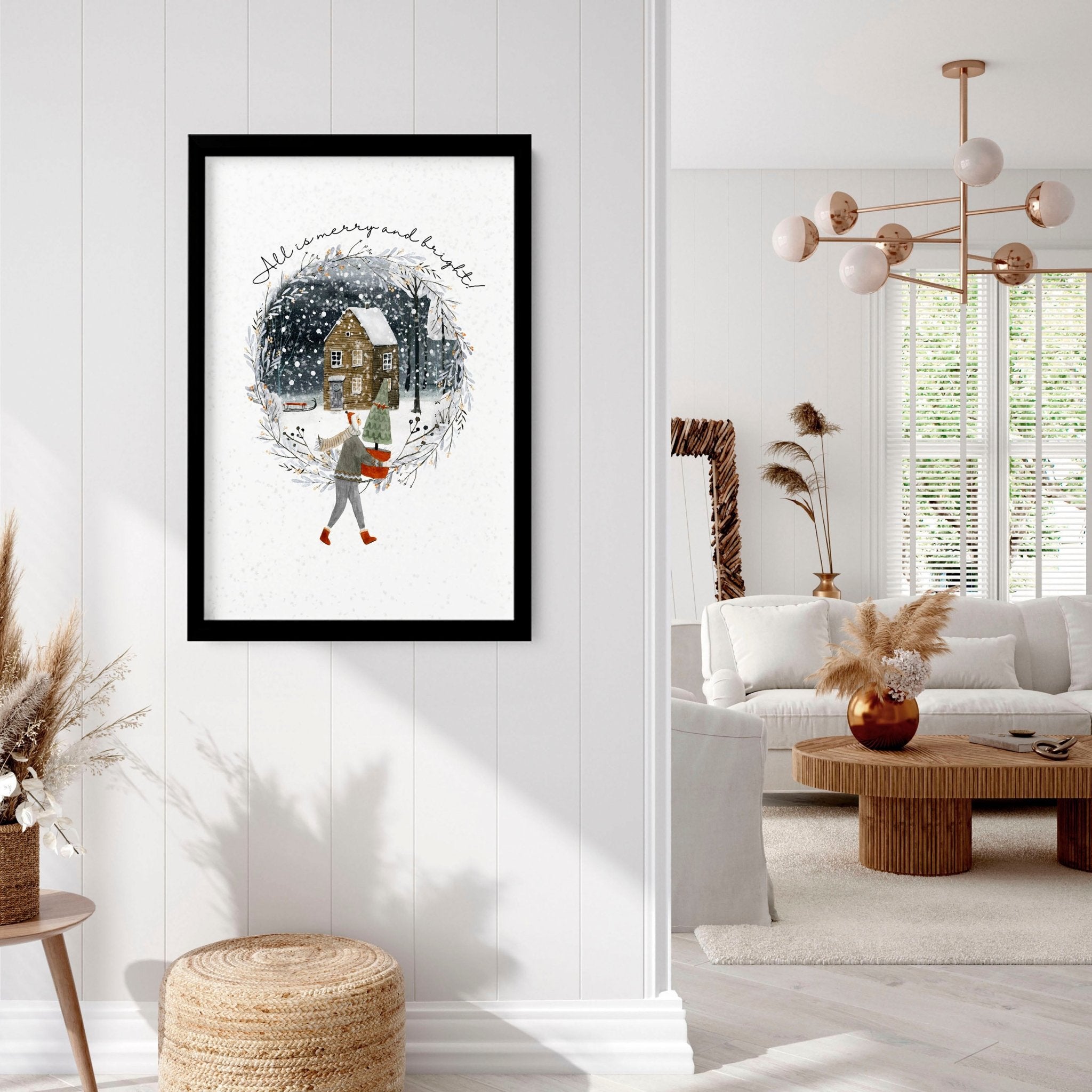 Scandinavian Christmas Village Wall Art Print — Snowy Winter Illustration