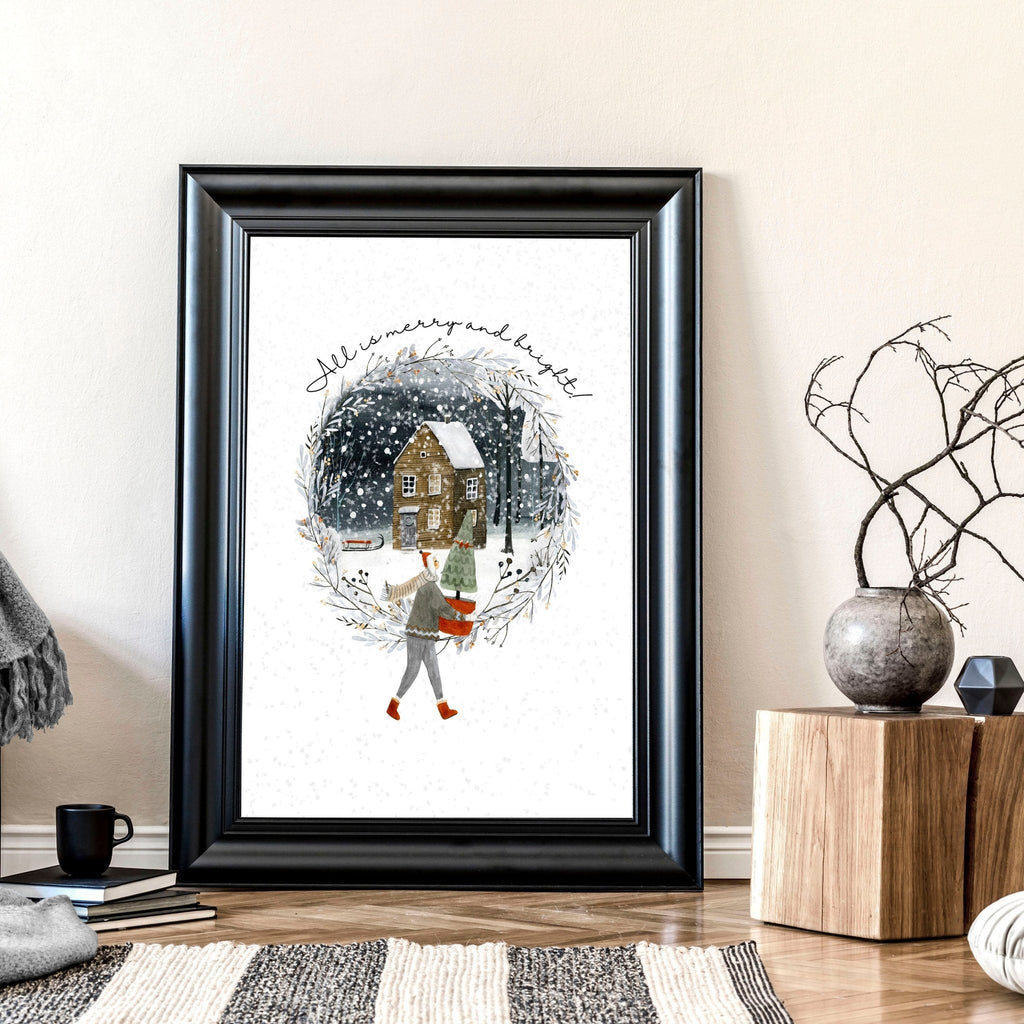 Scandinavian Christmas Village Wall Art Print — Snowy Winter Illustration