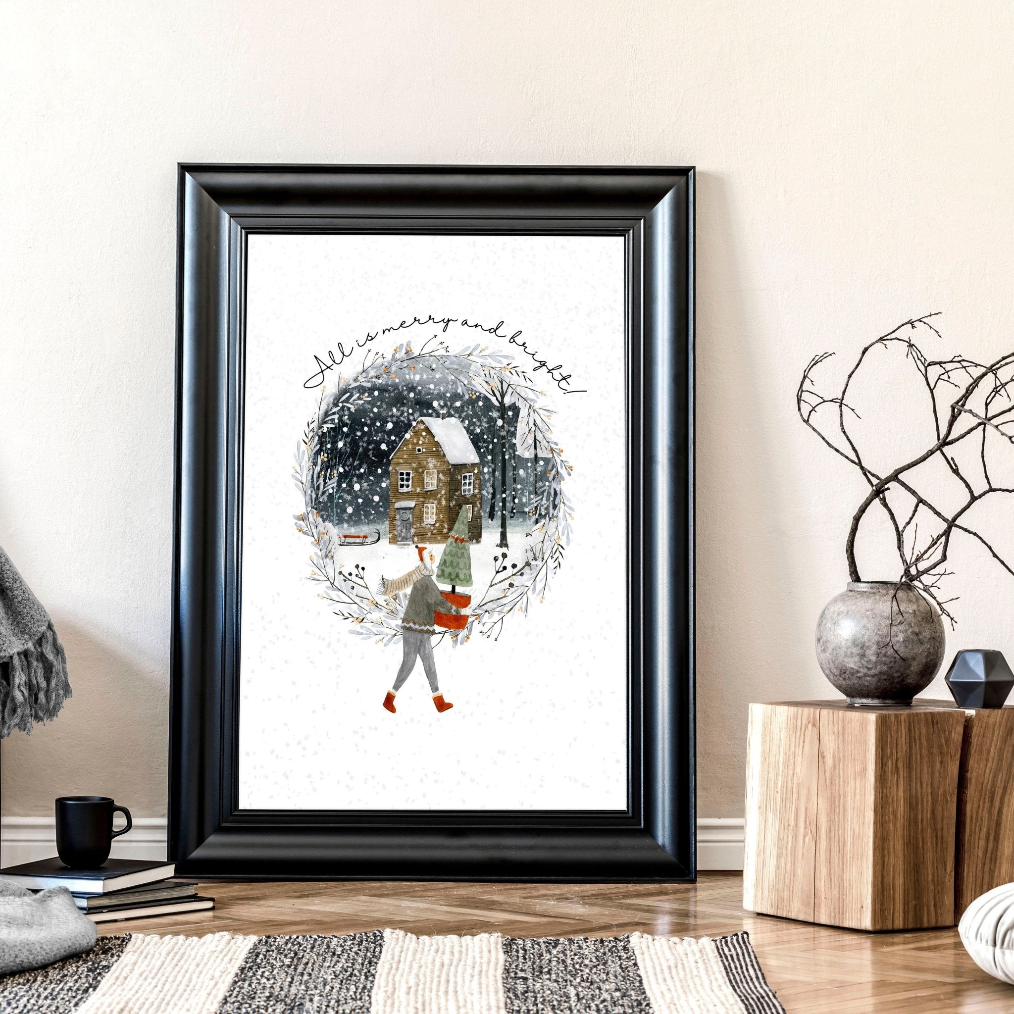 Scandinavian Christmas Village Wall Art Print — Snowy Winter Illustration