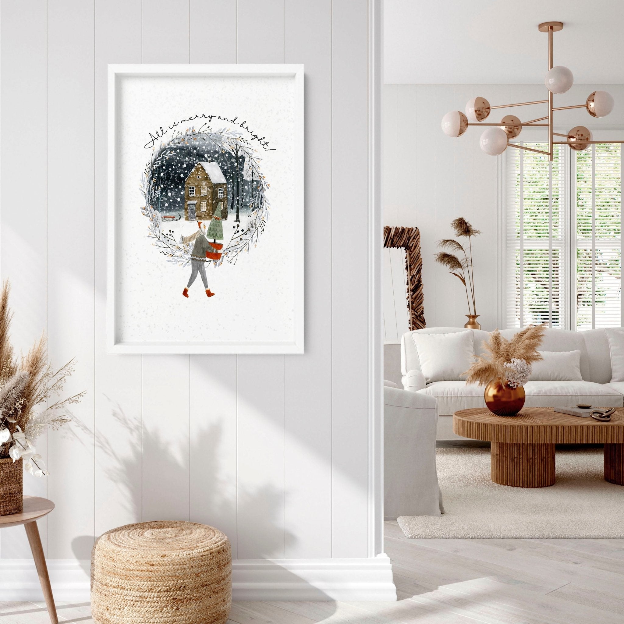 Scandinavian Christmas Village Wall Art Print — Snowy Winter Illustration