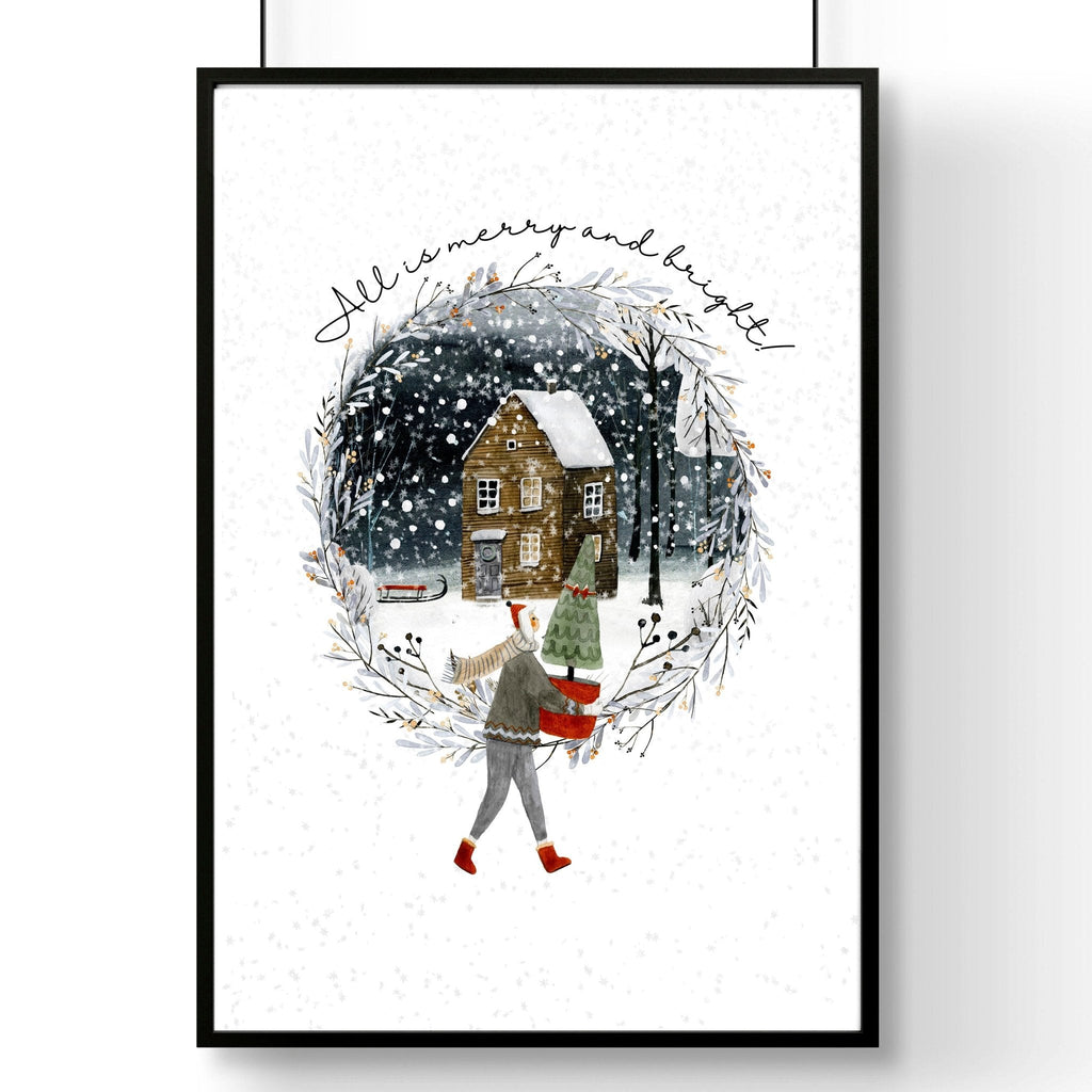 Scandinavian Christmas Village Wall Art Print — Snowy Winter Illustration