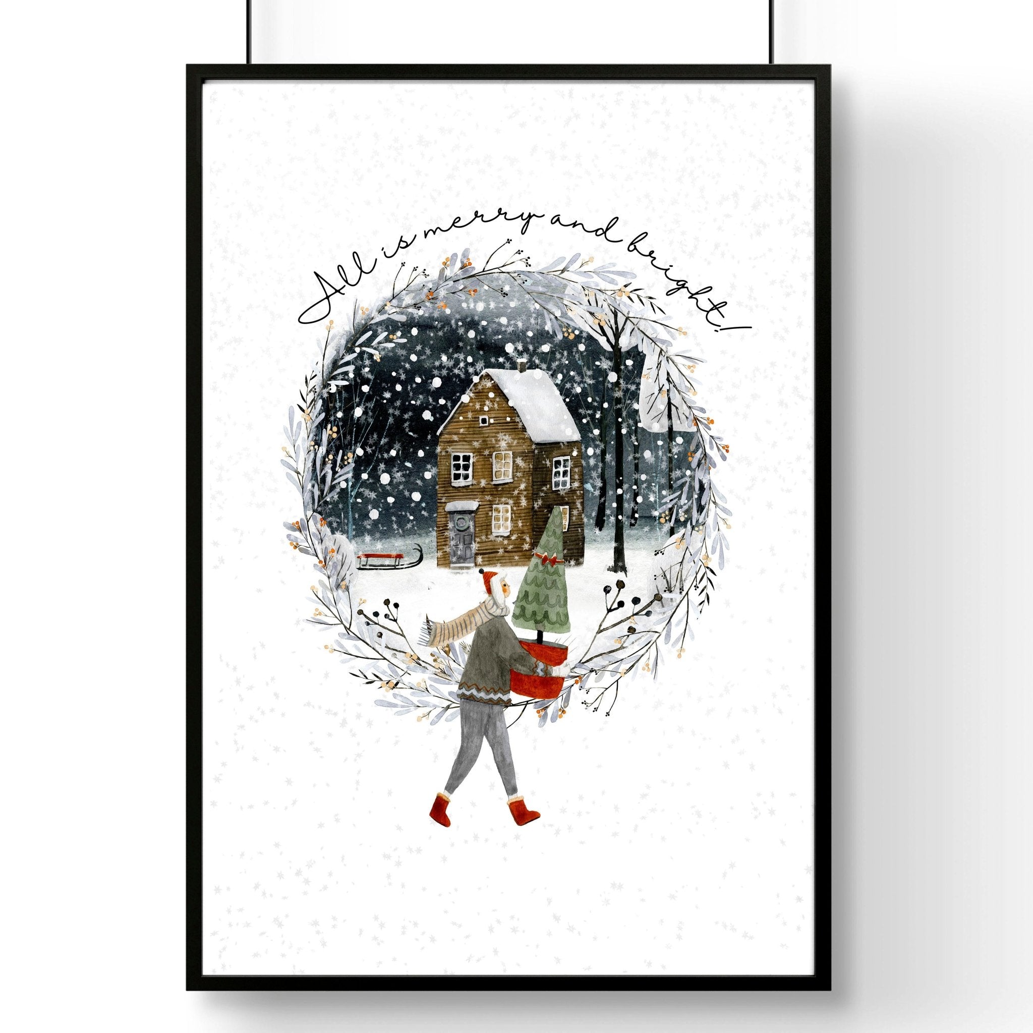 Scandinavian Christmas Village Wall Art Print — Snowy Winter Illustration
